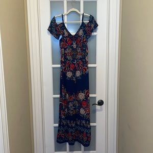 Francesca’s Miami brand: Royal blue floral off-the-shoulder maxi dress - small